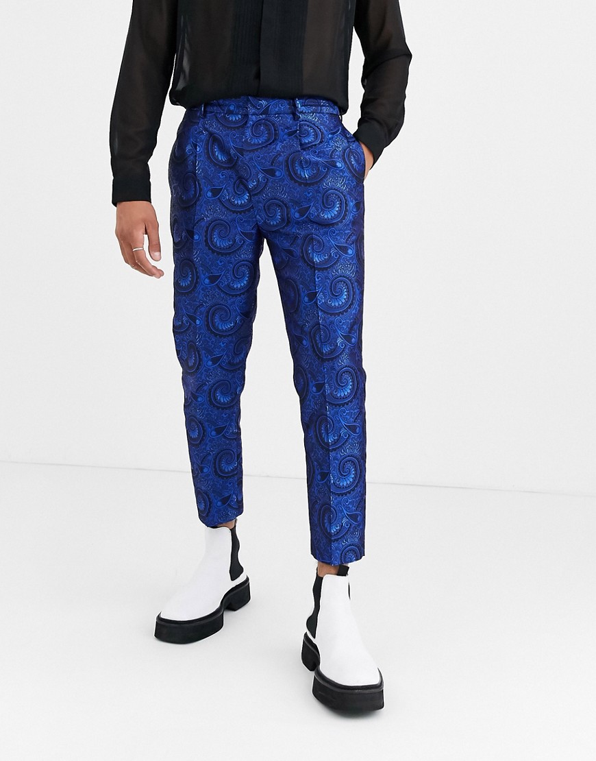 ASOS DESIGN tapered crop smart trousers in blue paisley