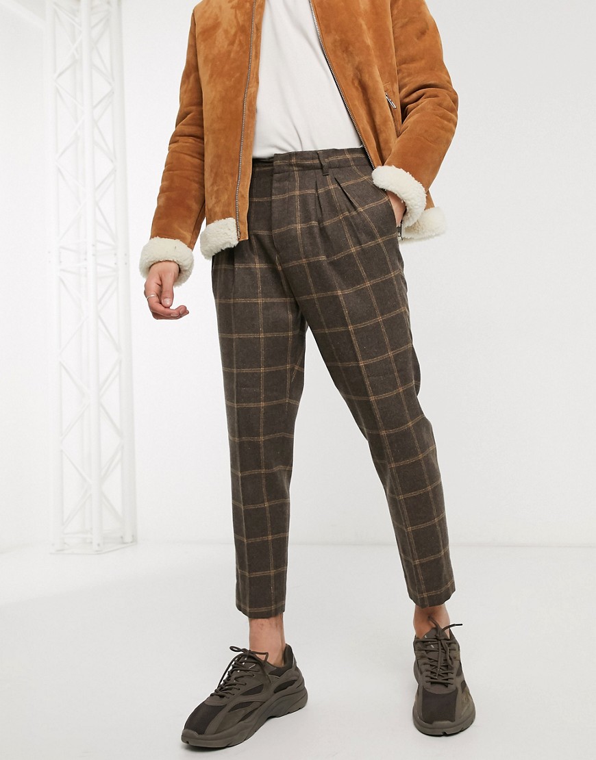ASOS DESIGN tapered crop smart trousers in brown wool mix check