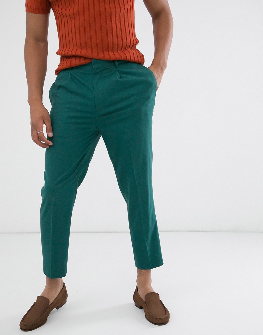 ASOS DESIGN tapered crop smart trousers in dark teal-Blue
