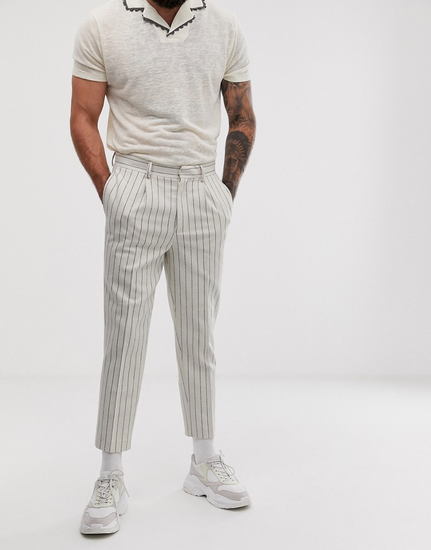 ASOS DESIGN tapered crop smart trousers in off white wool mix stripe