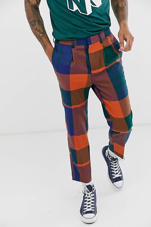 ASOS DESIGN tapered crop smart trousers in oversized check in blue | ASOS