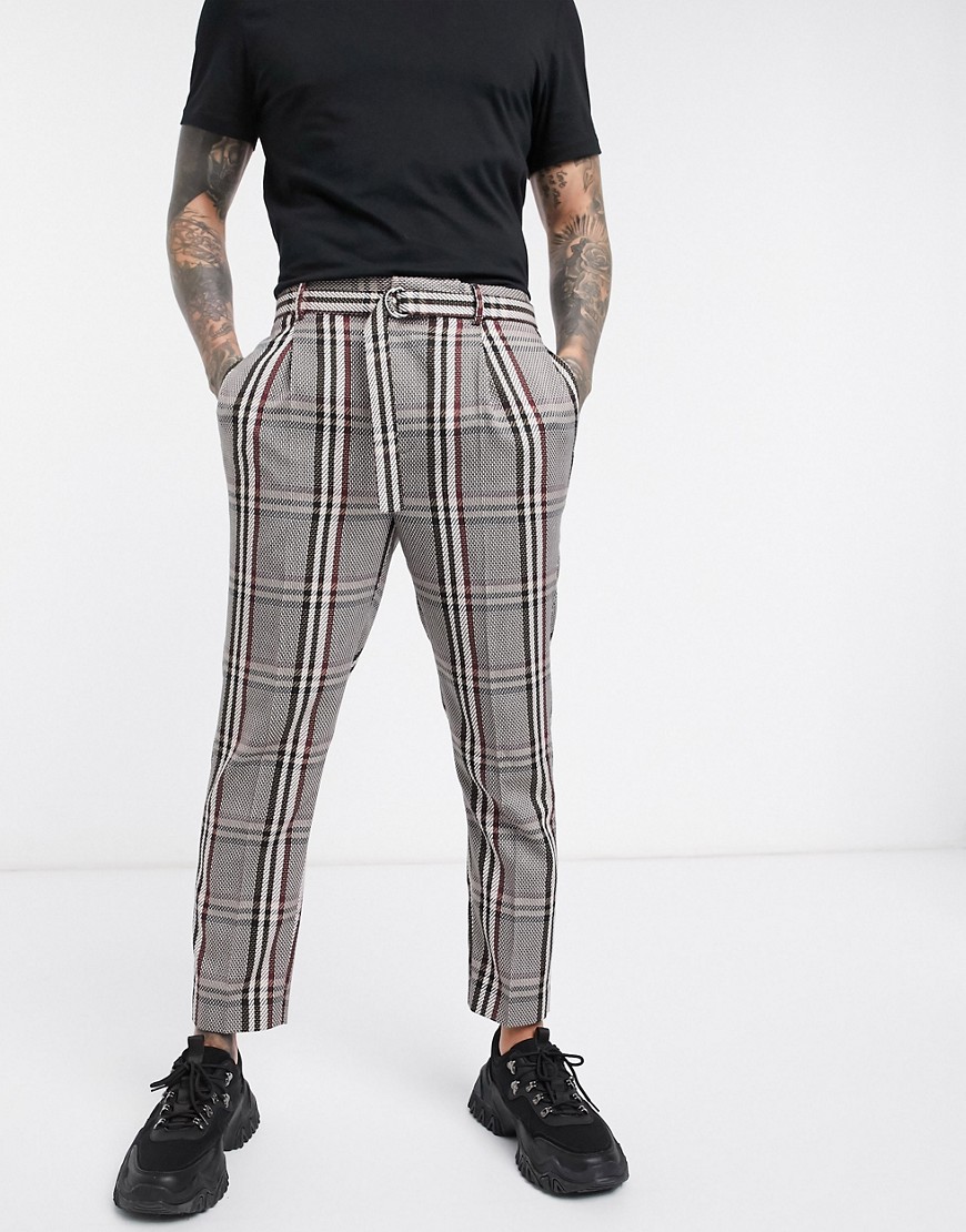 ASOS DESIGN tapered crop smart trousers in oversized check with belt in camel-Beige
