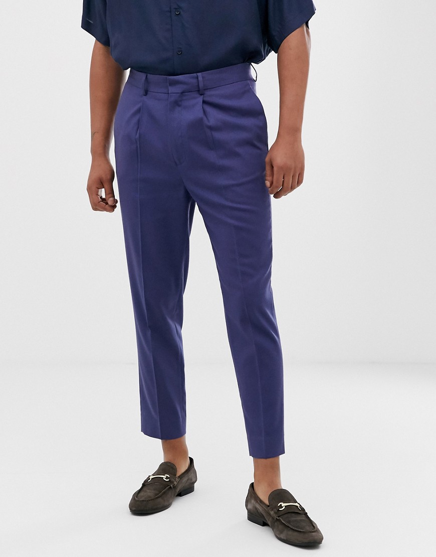 ASOS DESIGN tapered crop smart trousers in slate blue-Navy