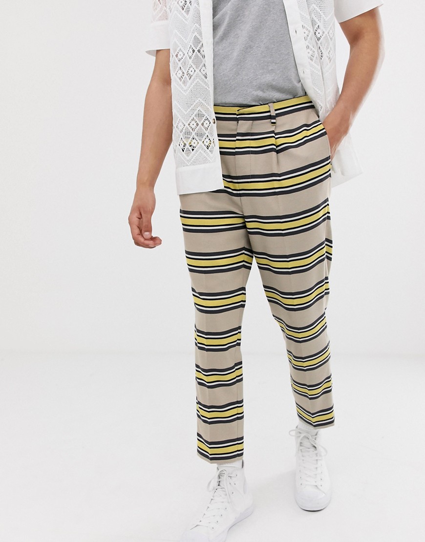 ASOS DESIGN tapered crop smart trousers in stone horizontal stripe