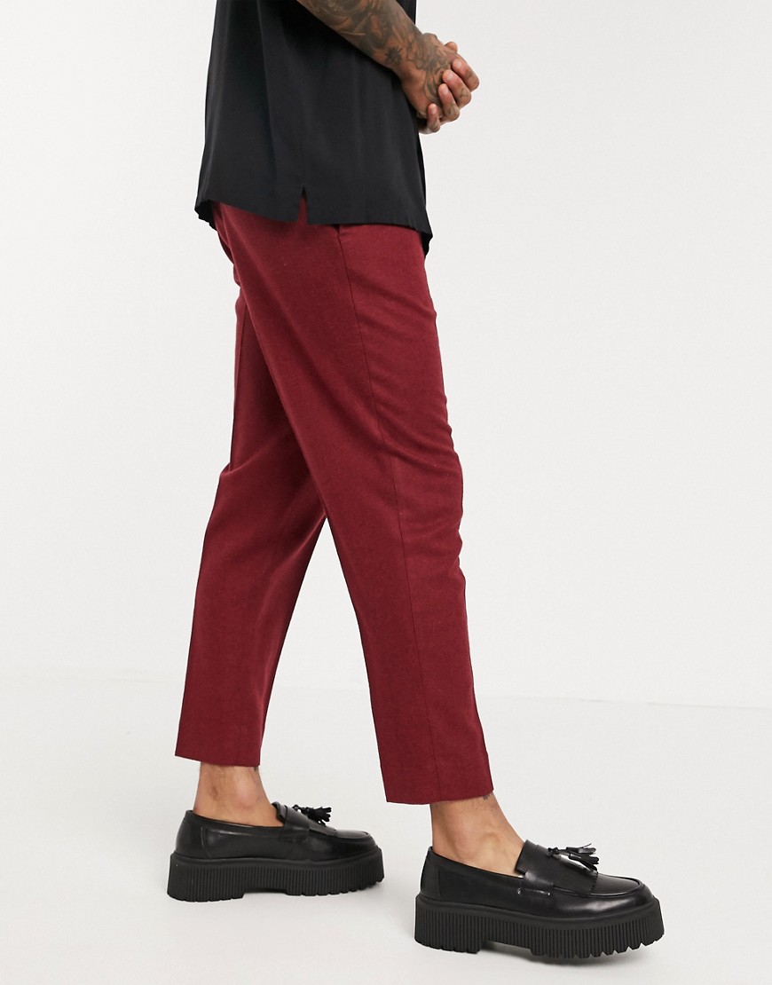 ASOS DESIGN tapered crop smart trousers in textured wool mix burgundy