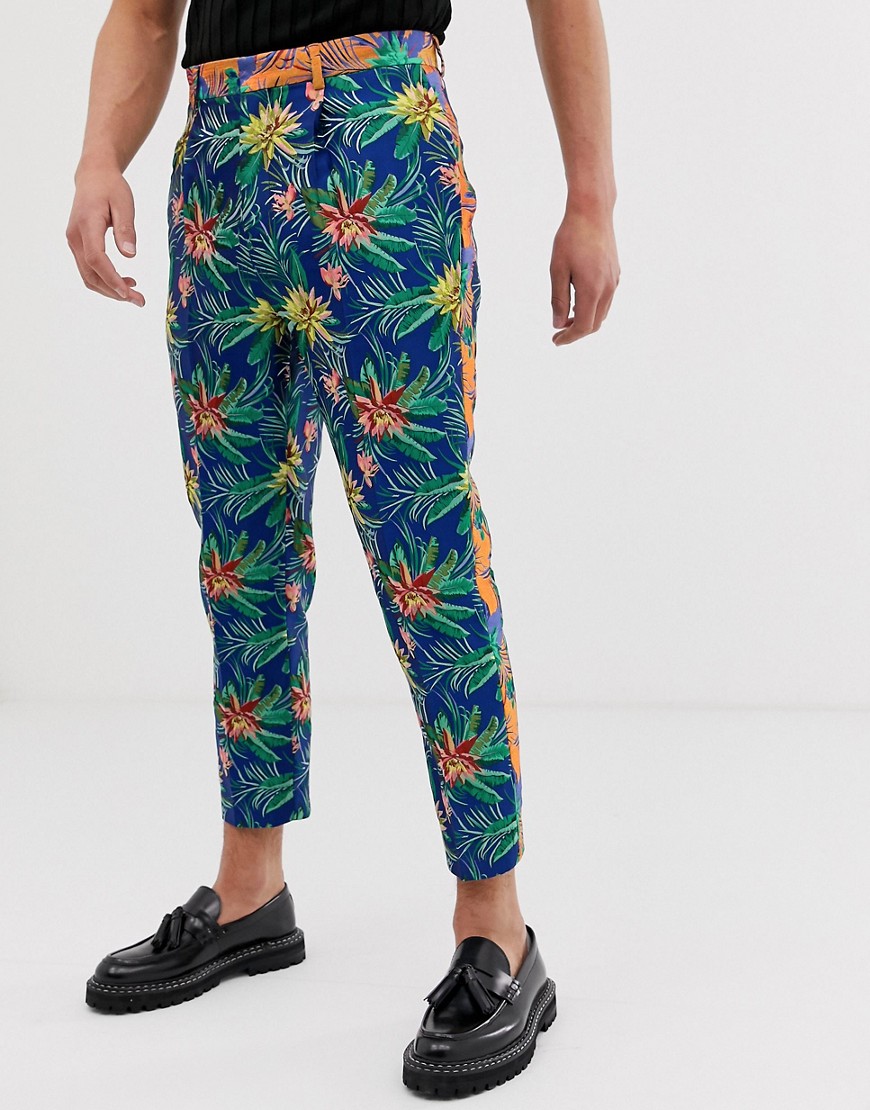 ASOS DESIGN tapered crop smart trousrs in bright blue floral jacquard with contrast side stripe