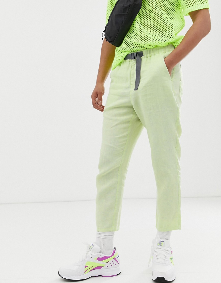 ASOS DESIGN tapered cropped trousers in washed neon green linen with belt