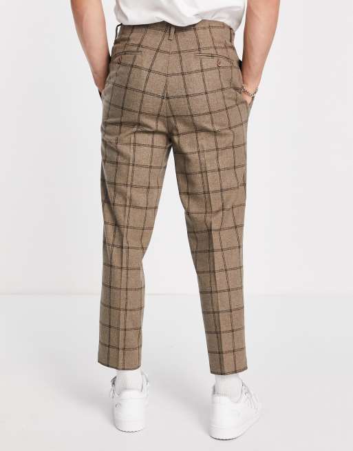 ASOS DESIGN tapered cropped wool mix smart pants in camel check, 2 of 4