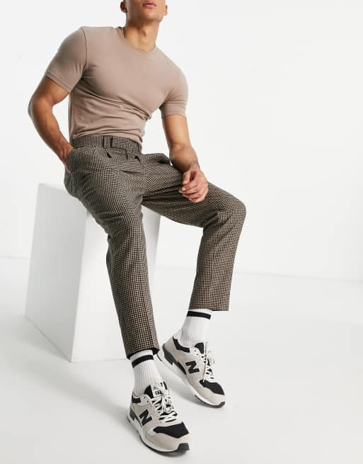 ASOS DESIGN tapered double pleat smart pants in brown gingham linen mix
