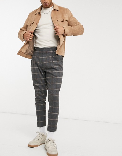 ASOS DESIGN tapered cropped double pleat smart trousers in wool mix check