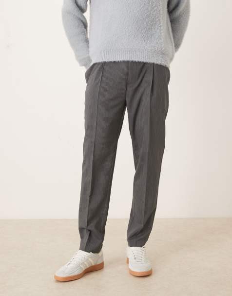 ASOS DESIGN tapered dress pants with half elasticized waistband in gray pinstripes - view 1