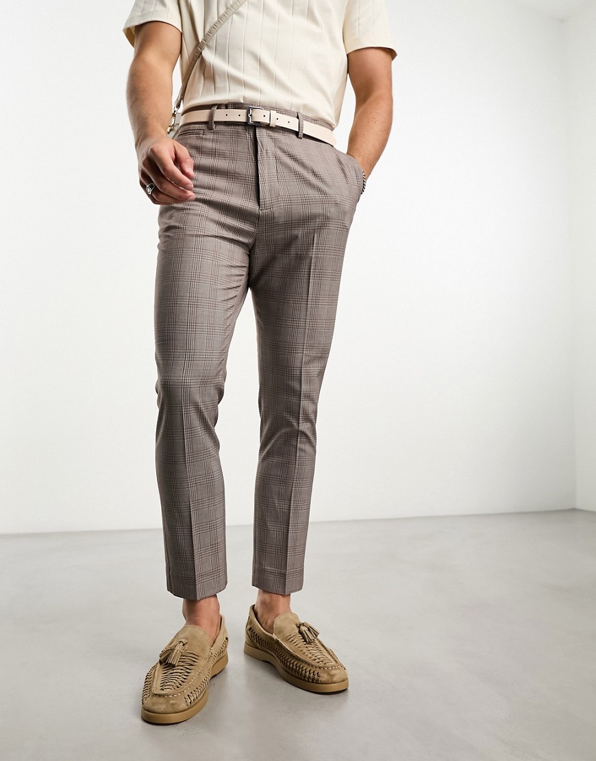 Asos Design Tapered Dressy Pants In Stone Prince Of Wales Plaid-neutral