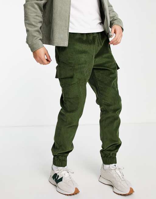 ASOS DESIGN tapered fit cargo pants in khaki cord