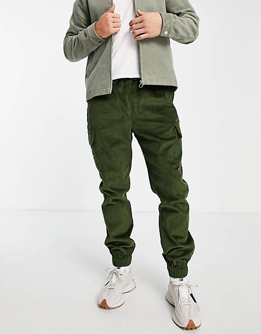 ASOS DESIGN tapered fit cargo pants in khaki cord