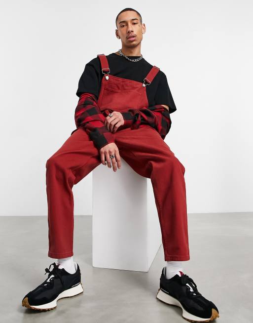 ASOS DESIGN tapered fit dungaree in dark red - RED