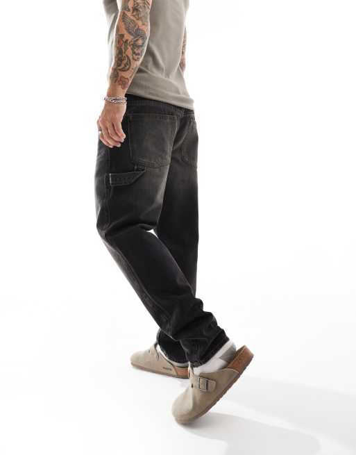 ASOS DESIGN tapered fit jeans with carpenter detail in washed black , 2 of 5
