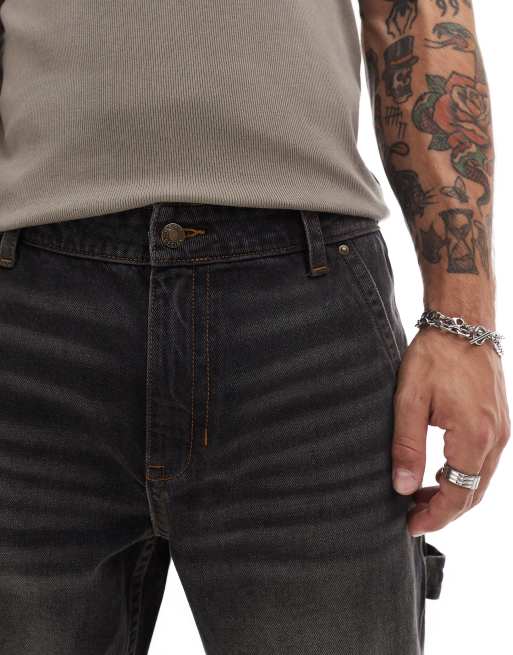 ASOS DESIGN tapered fit jeans with carpenter detail in washed black , 3 of 5