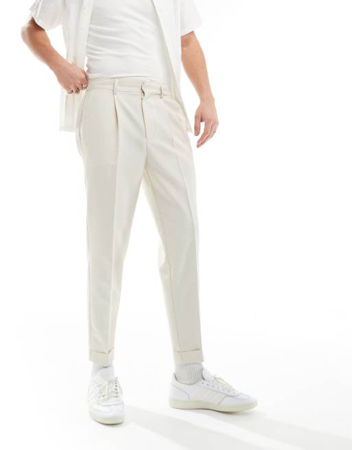 ASOS DESIGN tapered fit pants in ecru microtexture
