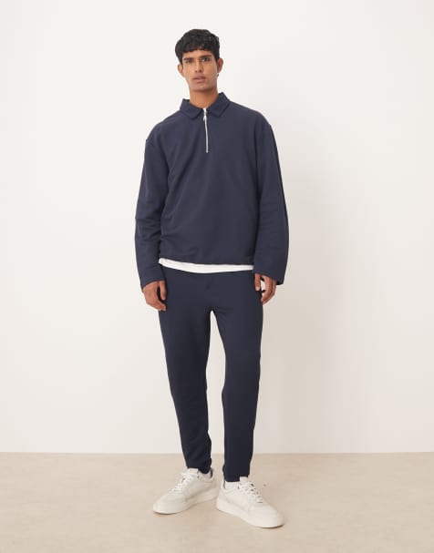 ASOS DESIGN tapered fit pique sweatpants in navy - part of a set - view 1
