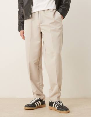 Asos Design Tapered Fit Smart Pants With Elastic Waistband In Neutral