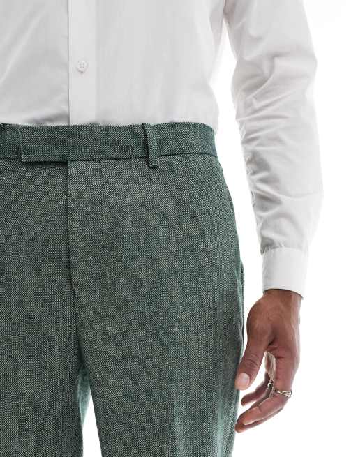 ASOS DESIGN tapered fit wool mix suit pants in bottle green tweed, 3 of 5