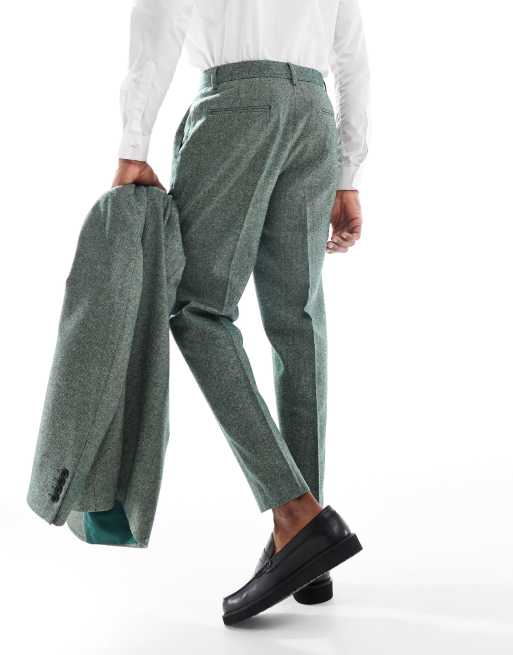 ASOS DESIGN tapered fit wool mix suit pants in bottle green tweed, 4 of 5
