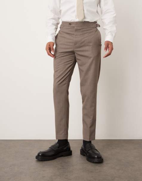 ASOS DESIGN tapered flannel dress pants in beige with side adjusters - view 1