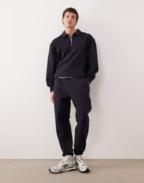 ASOS DESIGN tapered heavyweight sweatpants with pleats in navy - part of a set - view 1