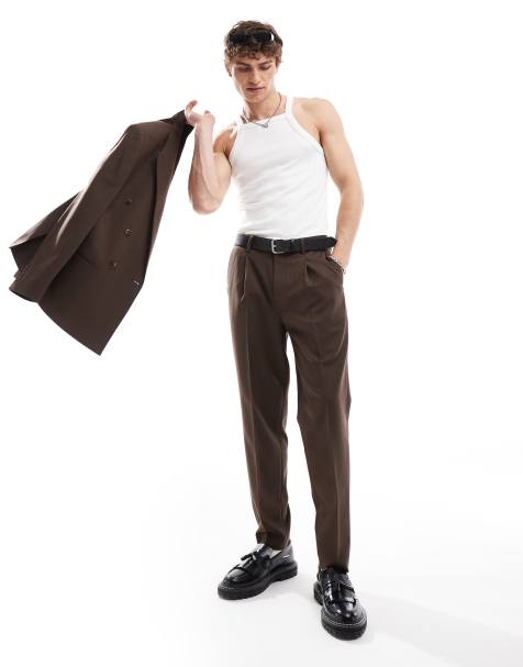 ASOS DESIGN tapered herringbone suit pants in brown - view 1