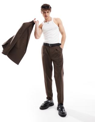 ASOS DESIGN tapered herringbone suit trouser in brown - view 1