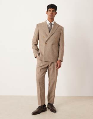 ASOS DESIGN tapered herringbone suit trousers with wool in beige-Neutral