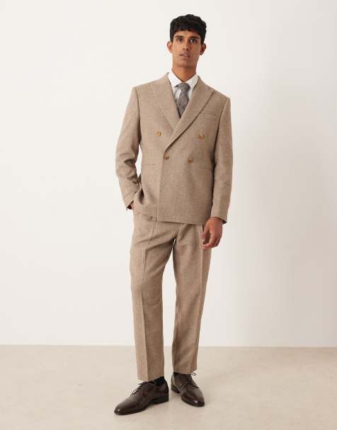 ASOS DESIGN tapered herringbone suit trousers with wool in beige