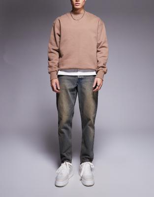 Asos Design Relaxed Camp Collar Washed Denim Shirt In Brown In Blue
