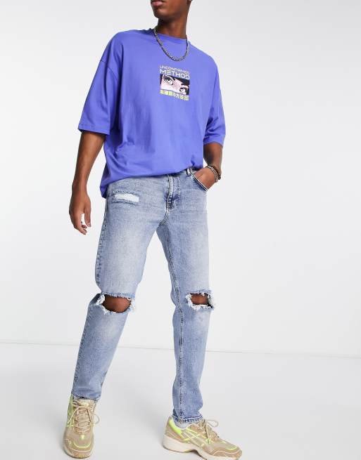 Only Sons Avi Tapered Cropped Jeans In Light Blue With Knee Rips