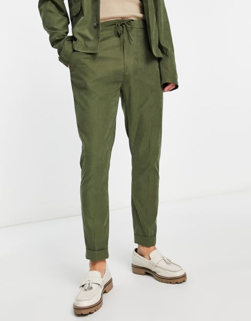 ASOS DESIGN tapered jogger waist commuter suit pants in khaki faux suede