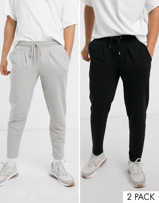 ASOS DESIGN 2 pack tapered joggers with pleats in black & light grey