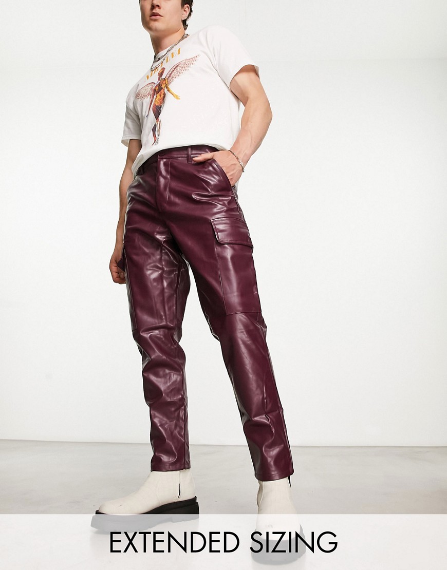 ASOS DESIGN tapered leather look cargo trousers in burgundy - BURGUNDY