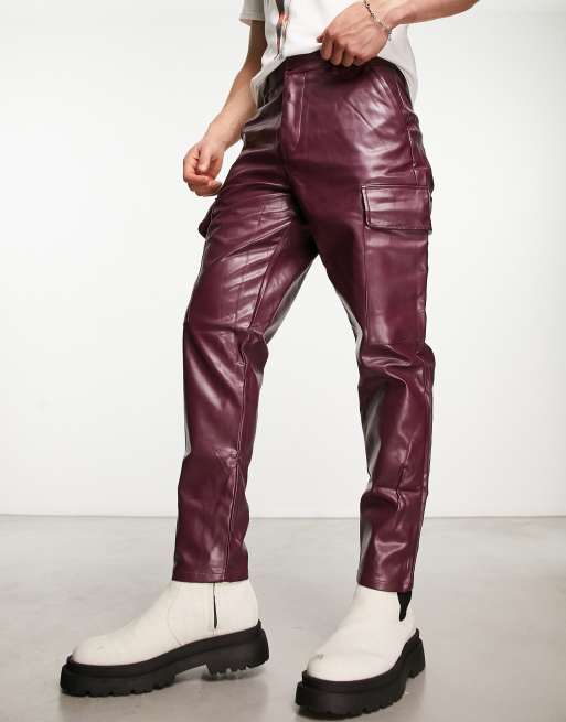 Burgundy leather 2024 pants mens