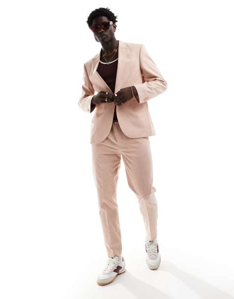 ASOS DESIGN tapered linen look pull on suit pants in pink - view 1