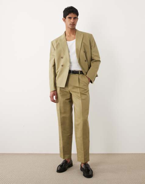 ASOS DESIGN tapered linen rich suit trousers in khaki - view 1