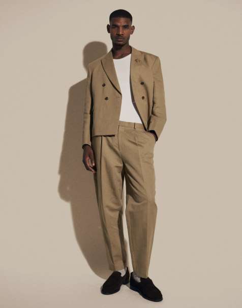 ASOS DESIGN tapered linen rich suit trousers in khaki