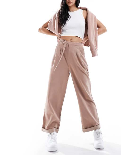 ASOS DESIGN tapered pants with buckle detail in clay