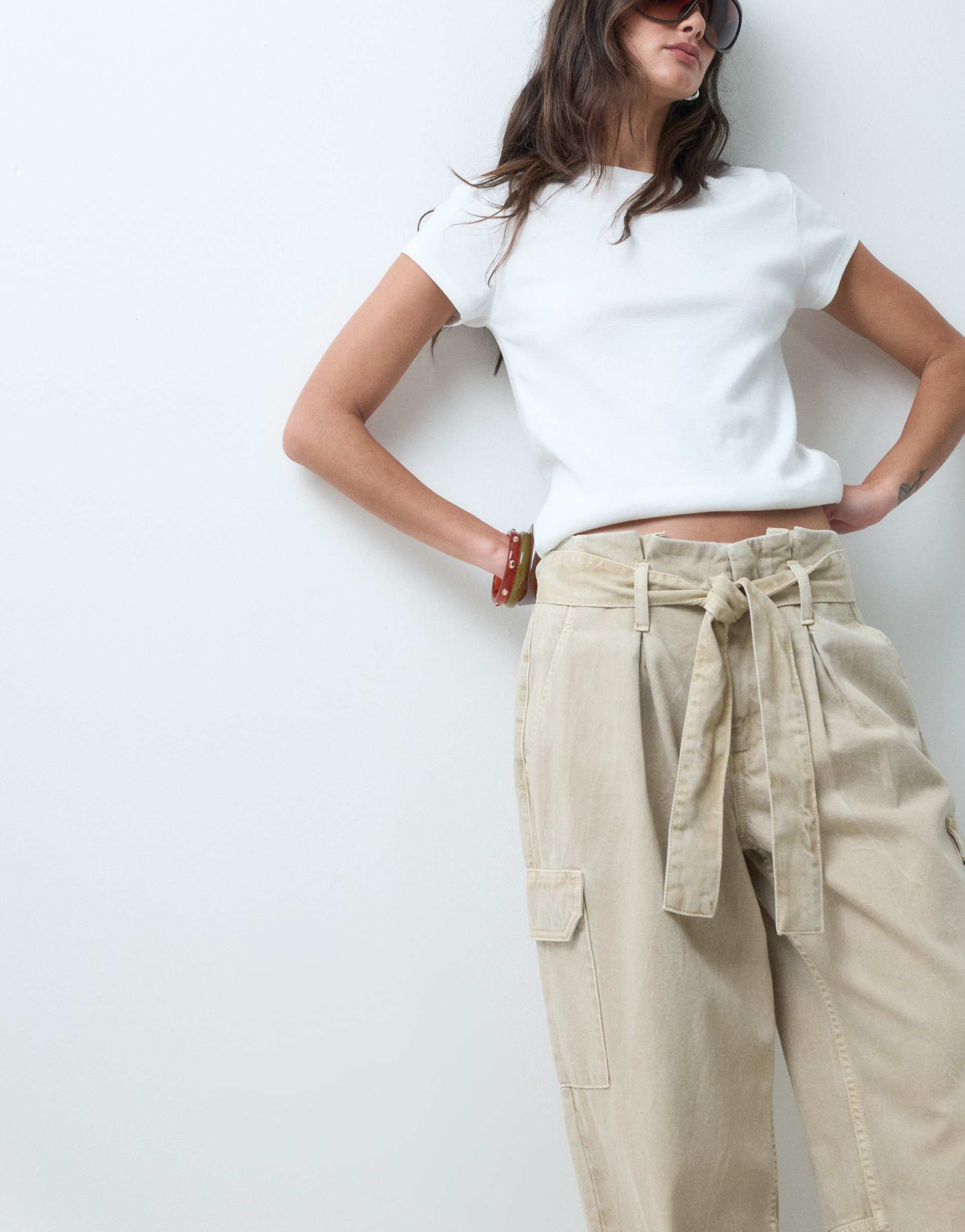 asos design tapered pants with paperbag waist detail in ecru
