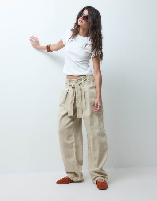 ASOS DESIGN tapered pants with paperbag waist detail in ecru, 2 of 5