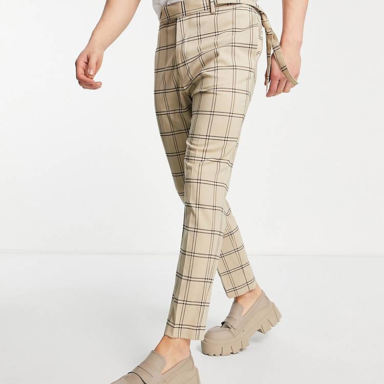 ASOS DESIGN tapered pants with side belt in stone window checks | ASOS