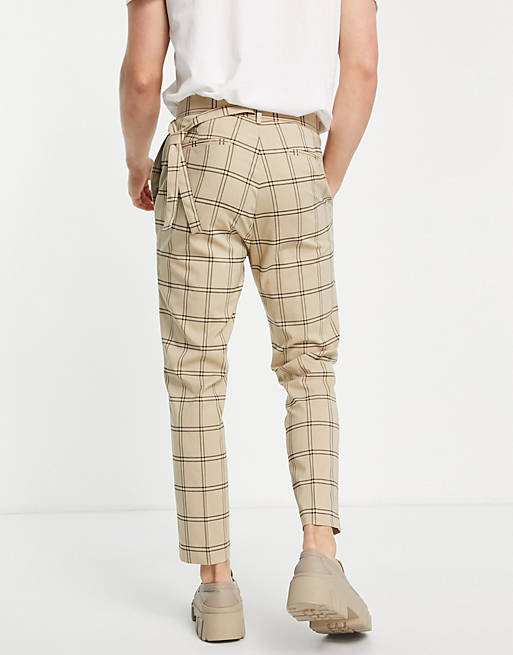 ASOS DESIGN tapered pants with side belt in stone window checks