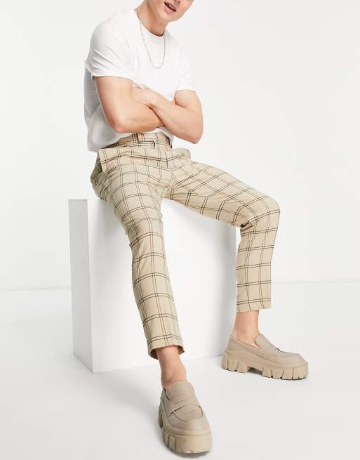 ASOS DESIGN tapered pants with side belt in stone window checks | ASOS