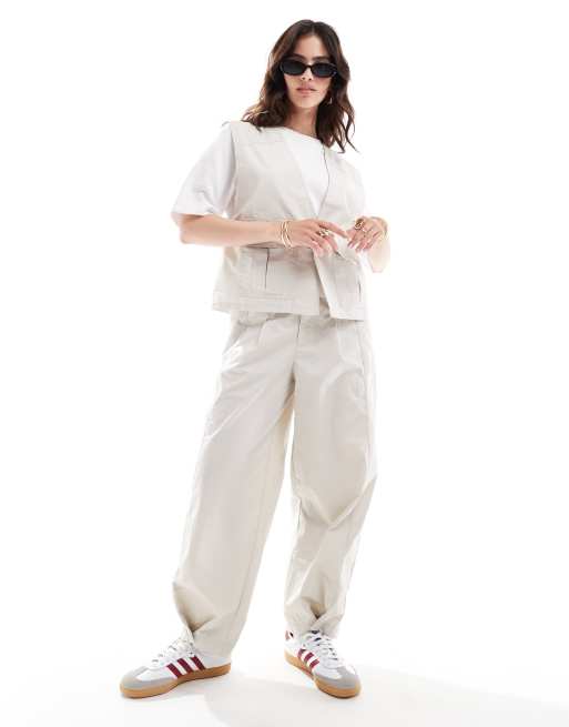 ASOS DESIGN tapered pants with tab hem detail in stone - part of a set