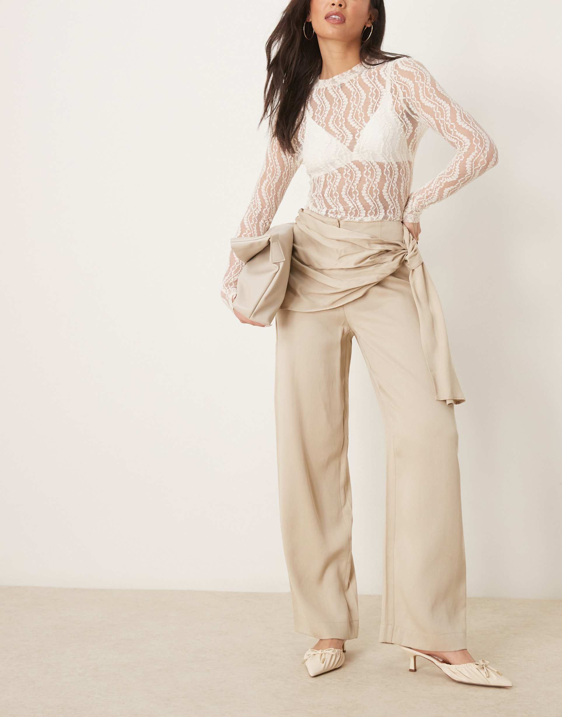 asos design tapered pants with wrap detail in stone