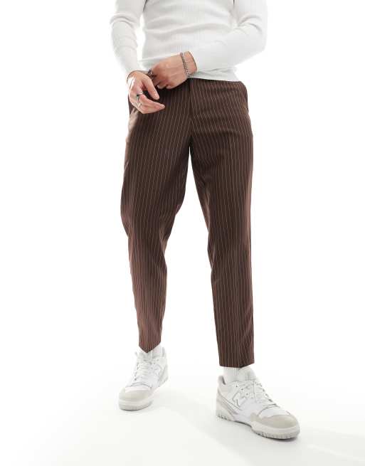 ASOS DESIGN tapered pinstripe pants in brown